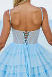 Light Blue A Line Tulle Lace Up Back Short Corset Prom Dress