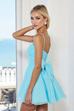 Blue A Line Tulle Mini Prom Dress with Bow