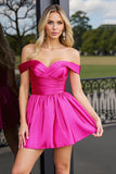 Fuchsia A Line Off the Shoulder Satin Mini Prom Dress
