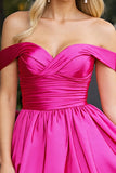 Fuchsia A Line Off the Shoulder Satin Mini Prom Dress
