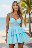 Blue Chiffon A Line Corset Tiered Short Prom Dress