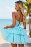 Blue Chiffon A Line Corset Tiered Short Prom Dress