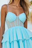 Blue Chiffon A Line Corset Tiered Short Prom Dress
