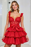 Red Corset A Line Tiered Short Prom Dress with Appliques