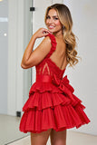Red Corset A Line Tiered Short Prom Dress with Appliques
