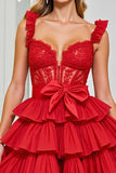 Red Corset A Line Tiered Short Prom Dress with Appliques