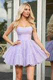 Lilac A Line Strapless Tulle Mini Prom Dress