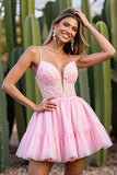 Pink A Line Mini Tulle V-Neck Corset Prom Dress with Appliques