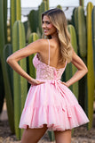 Pink A Line Mini Tulle V-Neck Corset Prom Dress with Appliques