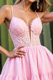 Pink A Line Mini Tulle V-Neck Corset Prom Dress with Appliques