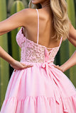 Pink A Line Mini Tulle V-Neck Corset Prom Dress with Appliques
