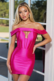 Fuchsia Satin Off the Shoulder Corset Short Bodycon Prom Dress