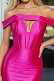 Fuchsia Satin Off the Shoulder Corset Short Bodycon Prom Dress