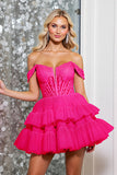 Corset Pink A Line Tulle Mini Prom Dress with Appliques