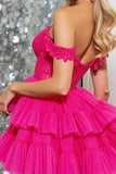 Corset Pink A Line Tulle Mini Prom Dress with Appliques