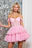 Corset Pink A Line Tulle Mini Prom Dress with Appliques