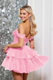 Corset Pink A Line Tulle Mini Prom Dress with Appliques