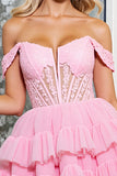 Corset Pink A Line Tulle Mini Prom Dress with Appliques