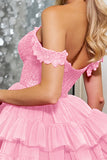 Corset Pink A Line Tulle Mini Prom Dress with Appliques