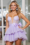 Lilac Tulle Corset A Line Mini Prom Dress with Appliques