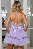 Lilac Tulle Corset A Line Mini Prom Dress with Appliques