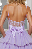 Lilac Tulle Corset A Line Mini Prom Dress with Appliques