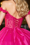 Fuchsia A Line Corset Tulle Mini Prom Dress with Appliques