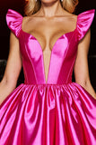Fuchsia A Line Cap Sleeves Satin Short Corset Prom Dress with Bow