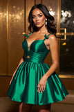 Dark Green Spaghetti Straps A Line Short Satin Prom Dress