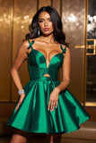 Dark Green Spaghetti Straps A Line Short Satin Prom Dress