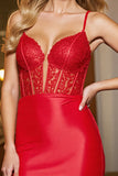 Red Bodycon Corset Short Satin Prom Dress with Appliques
