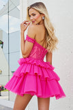Sparkly Fuchsia Corset A Line Short Organza Prom Dress