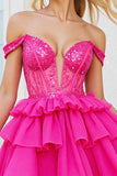 Sparkly Fuchsia Corset A Line Short Organza Prom Dress