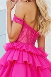 Sparkly Fuchsia Corset A Line Short Organza Prom Dress