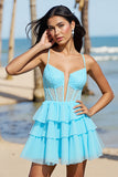 Light Blue Chiffon Corset A Line Short Prom Dress with Lace