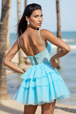 Light Blue Chiffon Corset A Line Short Prom Dress with Lace