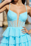 Light Blue Chiffon Corset A Line Short Prom Dress with Lace