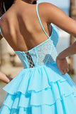 Light Blue Chiffon Corset A Line Short Prom Dress with Lace