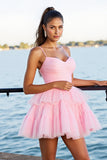 Pink Tiered A Line Tulle Mini Prom Dress