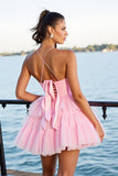 Pink Tiered A Line Tulle Mini Prom Dress