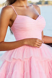 Pink Tiered A Line Tulle Mini Prom Dress
