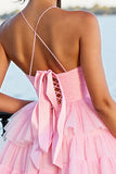 Pink Tiered A Line Tulle Mini Prom Dress