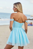 Light Blue A Line Off the Shoulder Ruched Short Prom Dress