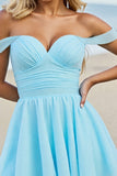Light Blue A Line Off the Shoulder Ruched Short Prom Dress