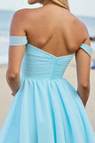 Light Blue A Line Off the Shoulder Ruched Short Prom Dress