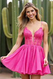 Corset Fuchsia A Line Tulle Mini Prom Dress with Appliques