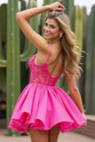 Corset Fuchsia A Line Tulle Mini Prom Dress with Appliques