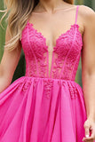 Corset Fuchsia A Line Tulle Mini Prom Dress with Appliques