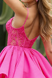 Corset Fuchsia A Line Tulle Mini Prom Dress with Appliques