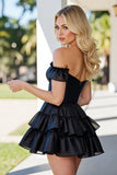 Black Corset Tiered A Line Satin Short Prom Dress